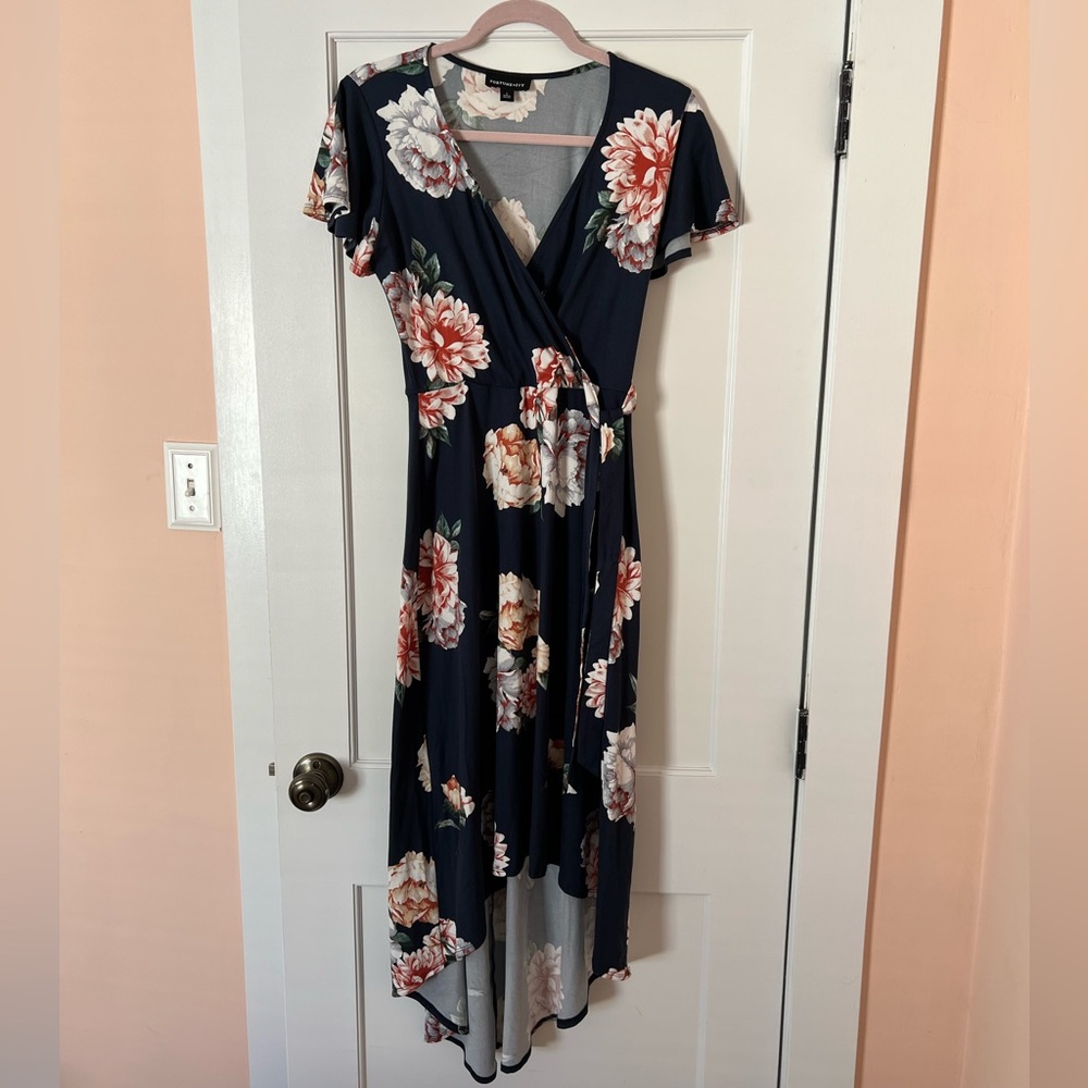 FORTUNE + IVY - Irene Faux Wrap Brushed Knit Navy Dress, Small